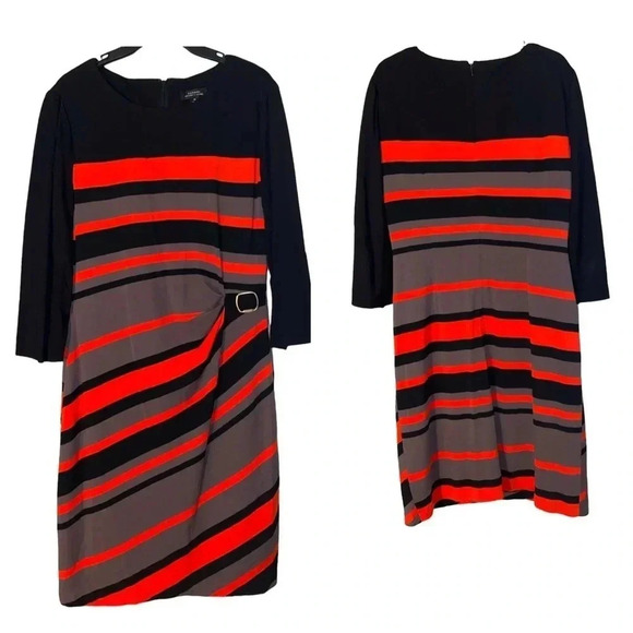 TAHARI ARTHUR S. L DRESS BLACK ORANGE BROWN STRIPED SIZE 12 SIDE BUCKLE ACCENT - Picture 4 of 7